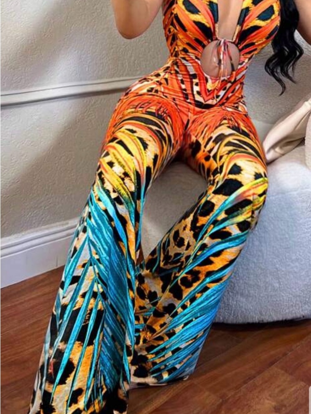 SHEIN Orange & Teal Tropical Cutout Jumpsuit